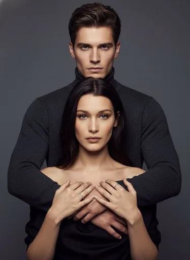 "a man in a dark, textured turtleneck sweater and a woman in